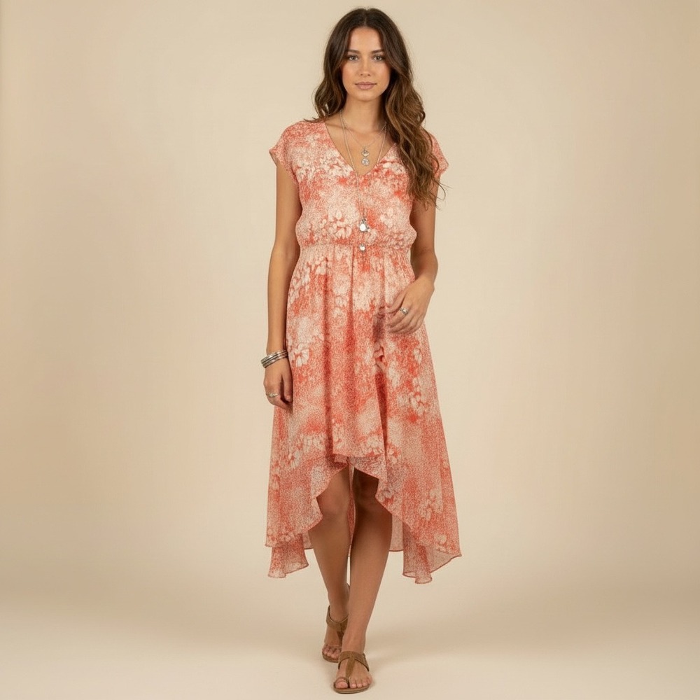 Sundance Avonlea Silk High-Low Dress 4 Coral Floral Cap‎ Sleeve Graduation Day